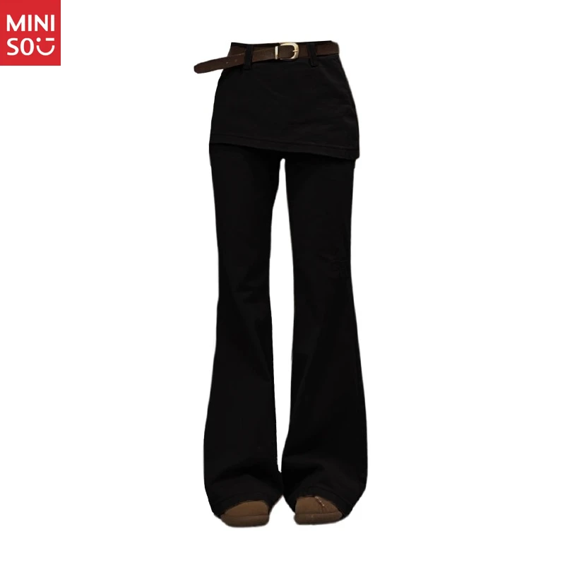 Miniso Plus Size Fake Zweiteilige Jeans, 2025, American Retro Flare Pants, Layered Cargo Wide Leg
