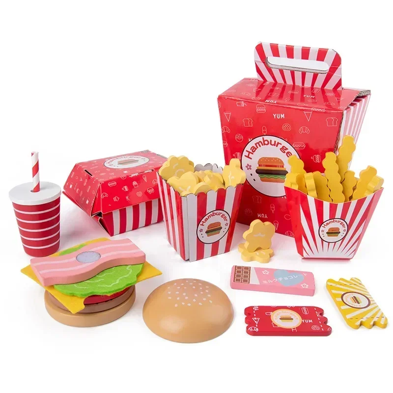 Kids Kitchen Cooking game Pretend Play toy Simulation Wooden Hamburger French fries Coke Fast Food Sets Burger Set kids gift