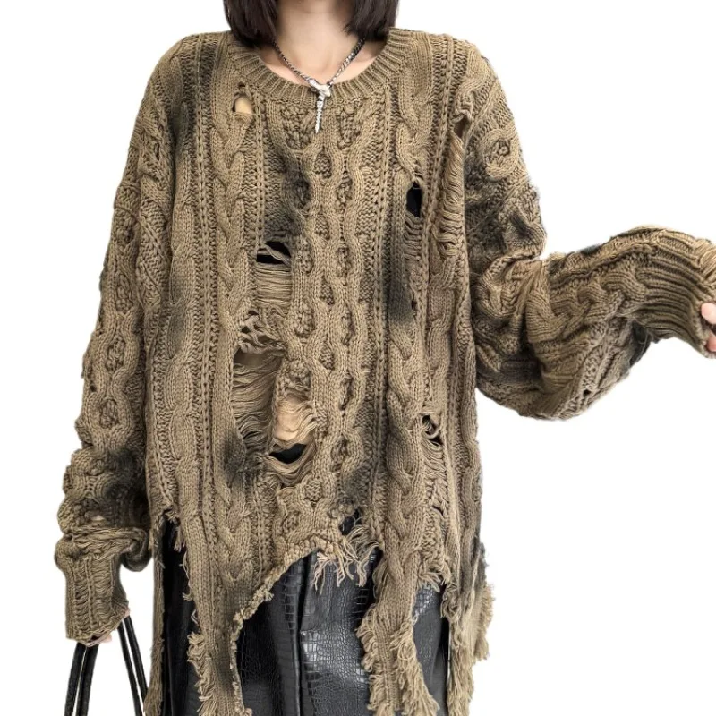 

Irregular Hole Women's Sweater in Spring Autumn American Retro Design Personalized Knitted Top Suitable for Parties and Outings