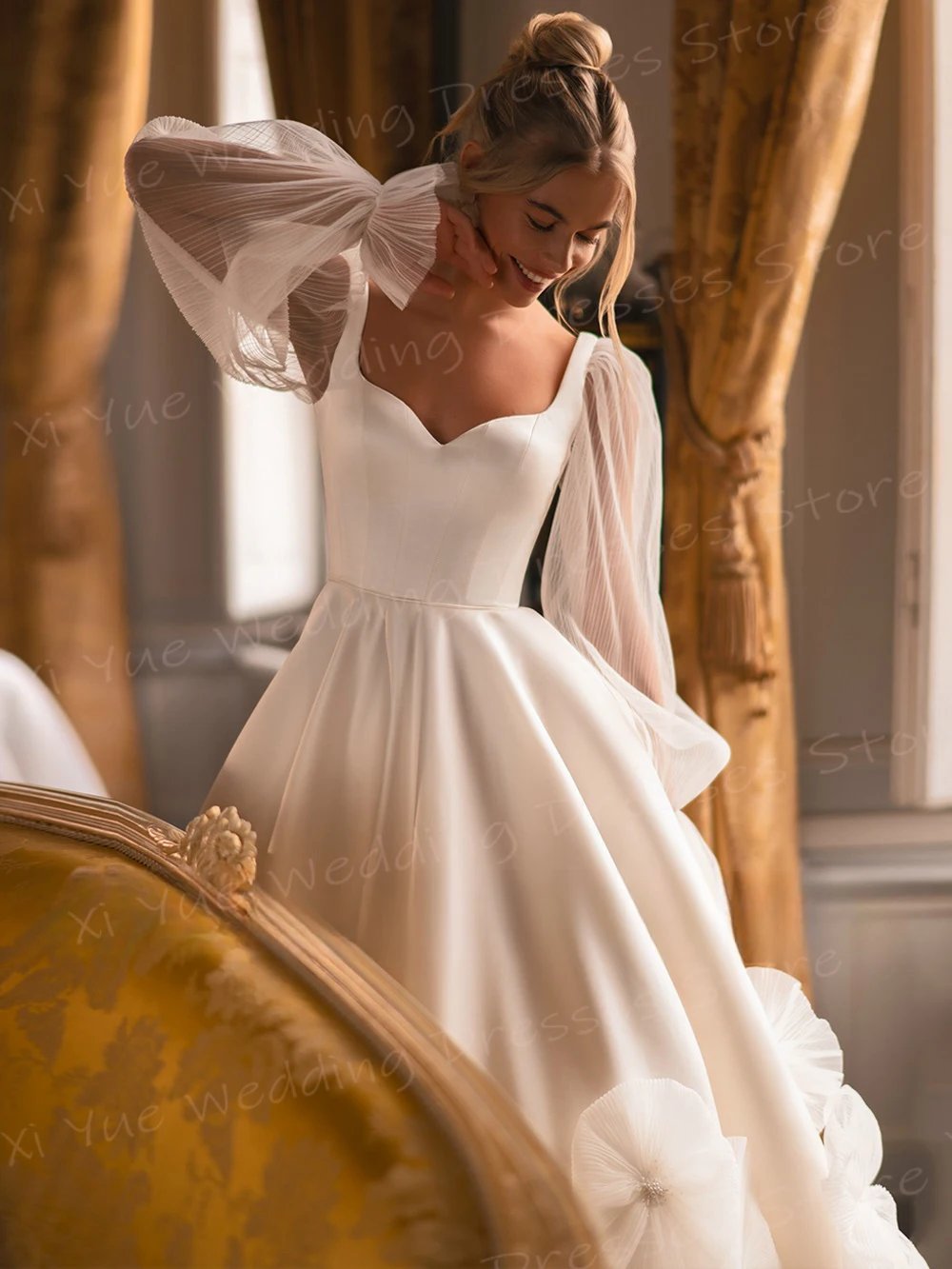 Robe de Mariée Trapèze à Manches sulfpour Femme, Tenue Éducative Moderne avec Fleurs 3D, Dos aux