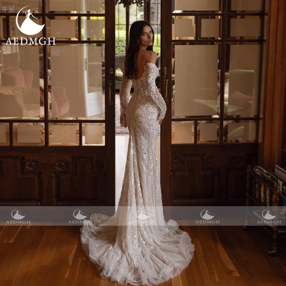 Aedmgh sirène robes De mariée Sexy hors De l'épaule robe De Novia dentelle perlée détachable Train sur mesure robes De mariée