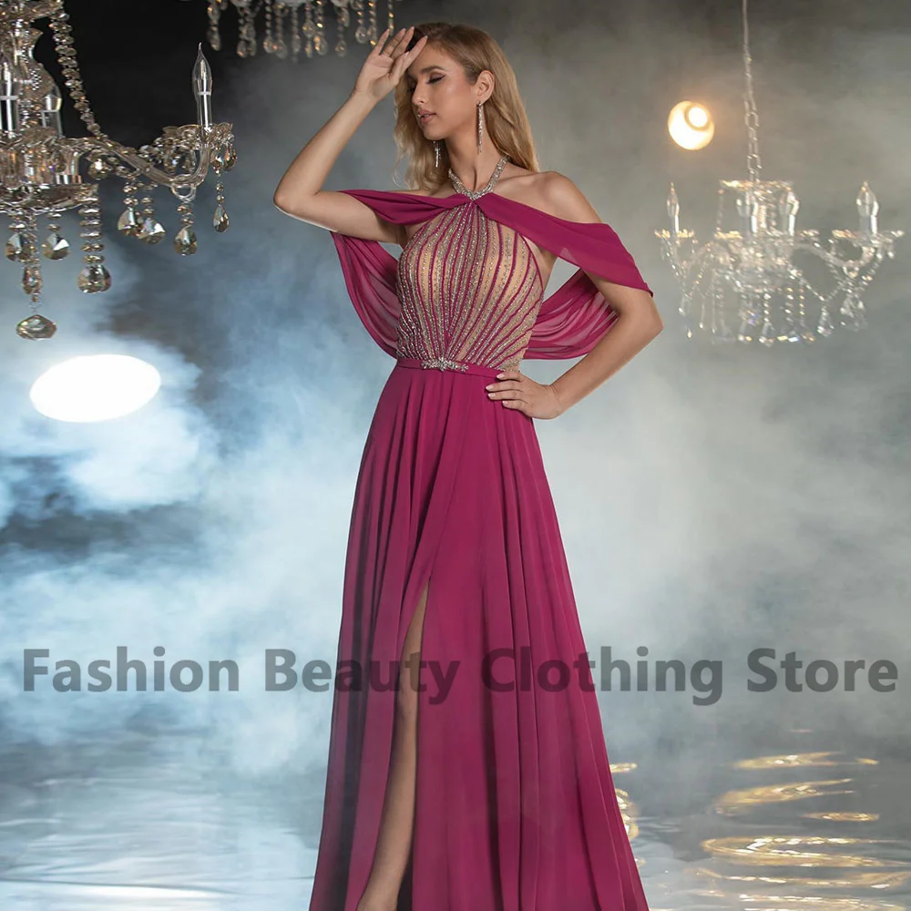 

Classic Prom Dresses Off The Shoulder Halter Neck Beading High Split Saudi Arabian Women's Chiffon Floor Length Evening Gown