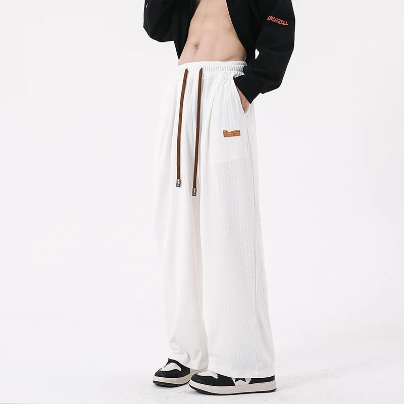 

Мужские летние тонкие брюки из ледяного шелка с широкими штанинами, драпированные, в пол, прямые, повседневные, свободные, спортивные, модные, дышащие