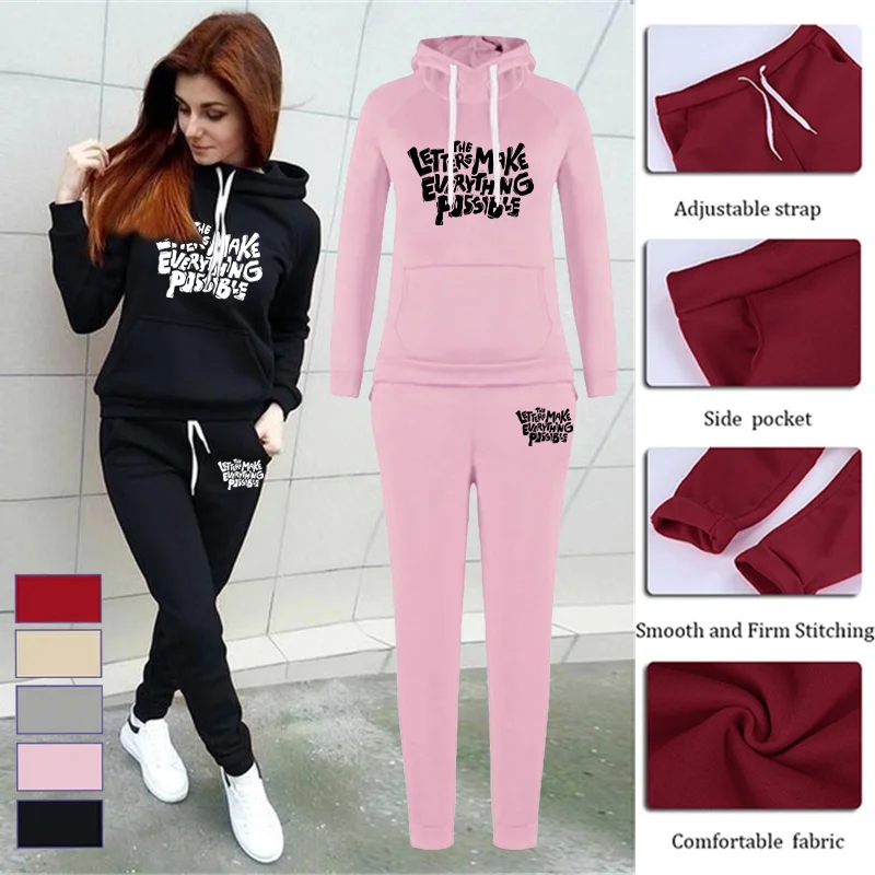 

Женская осенне-зимняя уличная повседневная толстовка с принтом The Lettrs Make Everything Possible + комплект спортивных штанов