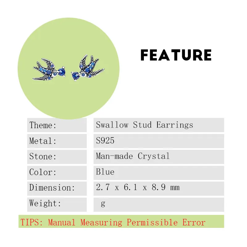 Spring Swallow Ear Piercing Stud Earrings For Women 925 Sterling Silver Jewelry Microbeads Grooved Feather Pave Blue Crystals