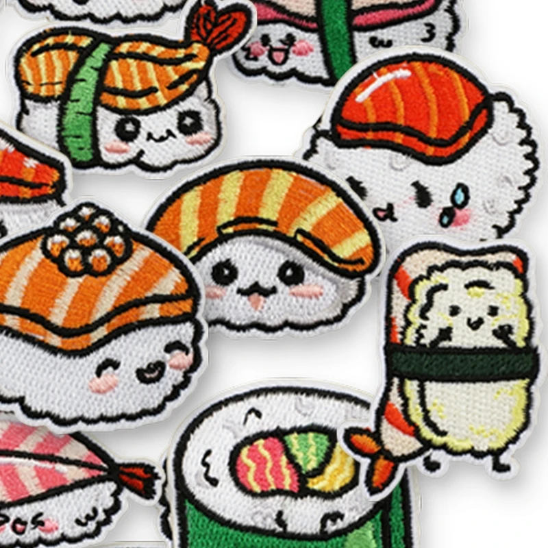 16 Stück Sushi-Essen-Aufnäher zum Aufbügeln für Kleidung, Lachs, Kinder, bestickte Aufkleber, Stoffaufnäher, Cartoon-Motive, Jacken, Nähen, DIY – Detail 6