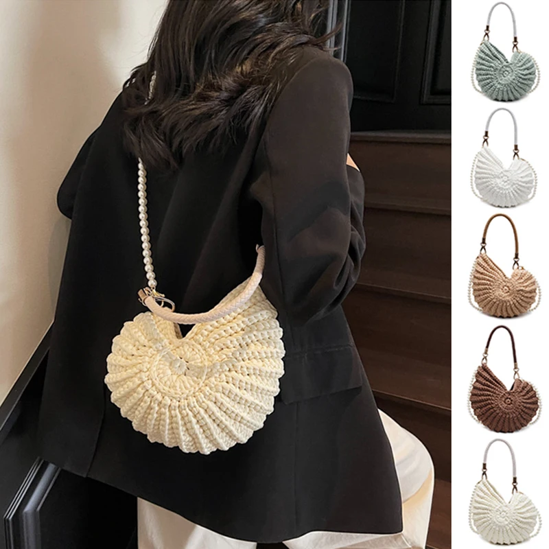 

Trendy Hand Woven Shell Bag Creative Knitting Shoulder Bag Summer Beach Handbag Fashion Holiday Pearl Chain Messenger Bags