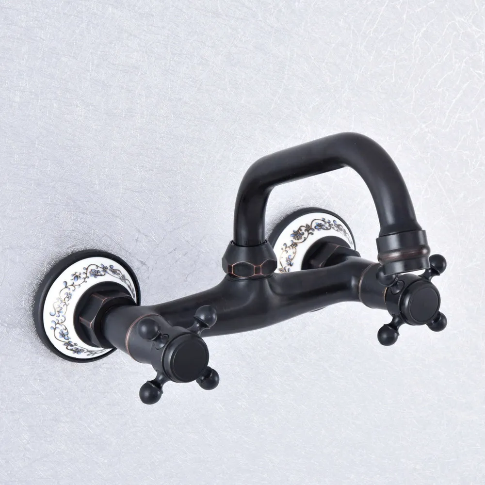 

Black Oil Rubbed Bronze Dual Handle Dual Hole Wall Mount Swivel Spout Kitchen Sink Faucet Batnroom Basin Cold Hot Taps Dsf728