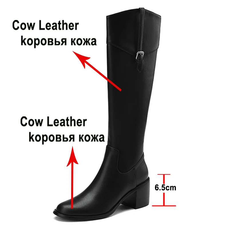 Meotina Women Genuine Leather Knee High Riding Boots Round Toe Thick High Heel Zipper Buckle Lady Long Boot Autumn Winter Shoes