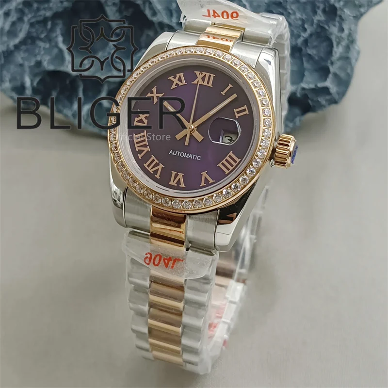 BLIGER 31mm Luxury Decorated Diamond Lady Watch NH05 Two Tone Rose Gold Case Sapphire Glass Sunburst PurpleGray Dial Roman Index