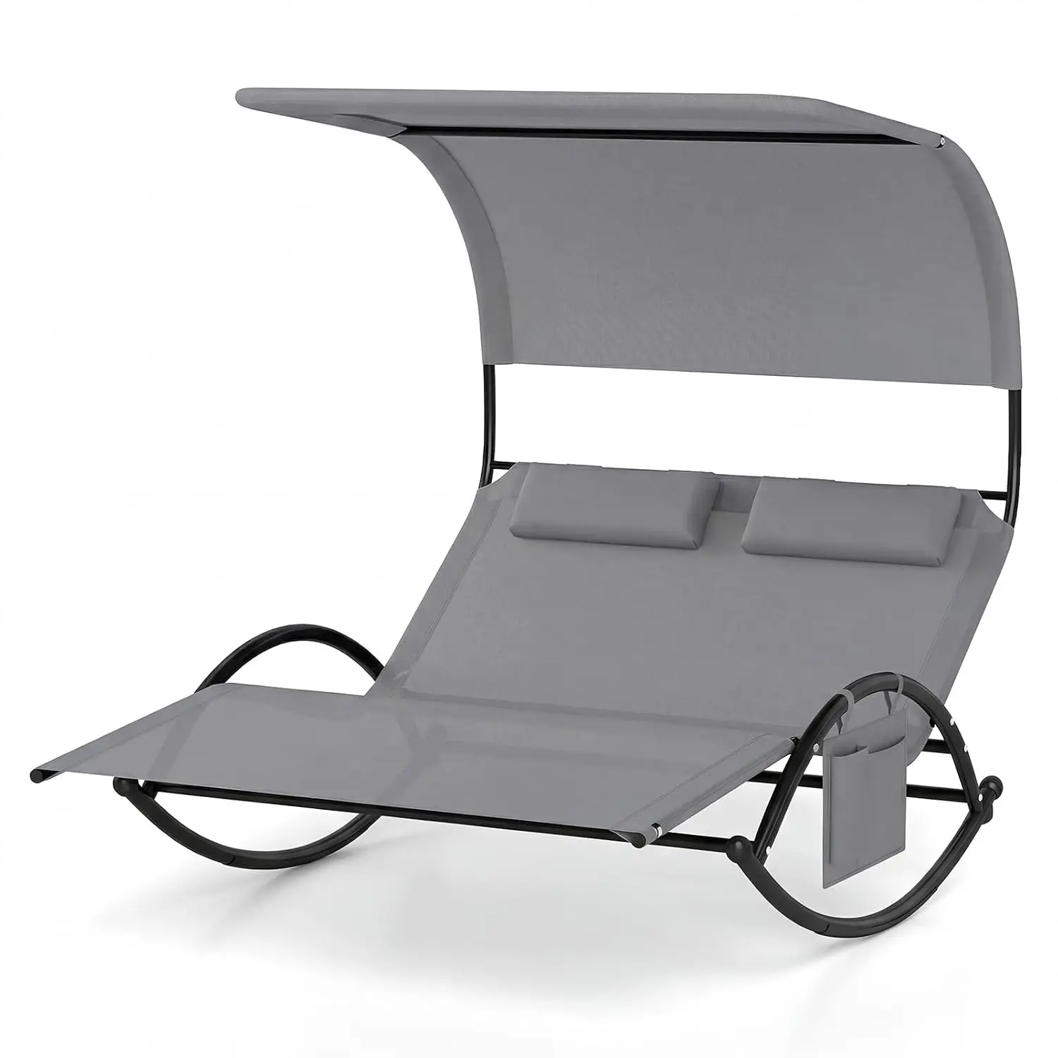 #Outdoor Chaise Lounge Rocker, 2-Person Rocking Daybed Sun Lounger with Sun Shade Canopy & Headrest Pillows, Hammock, Customized