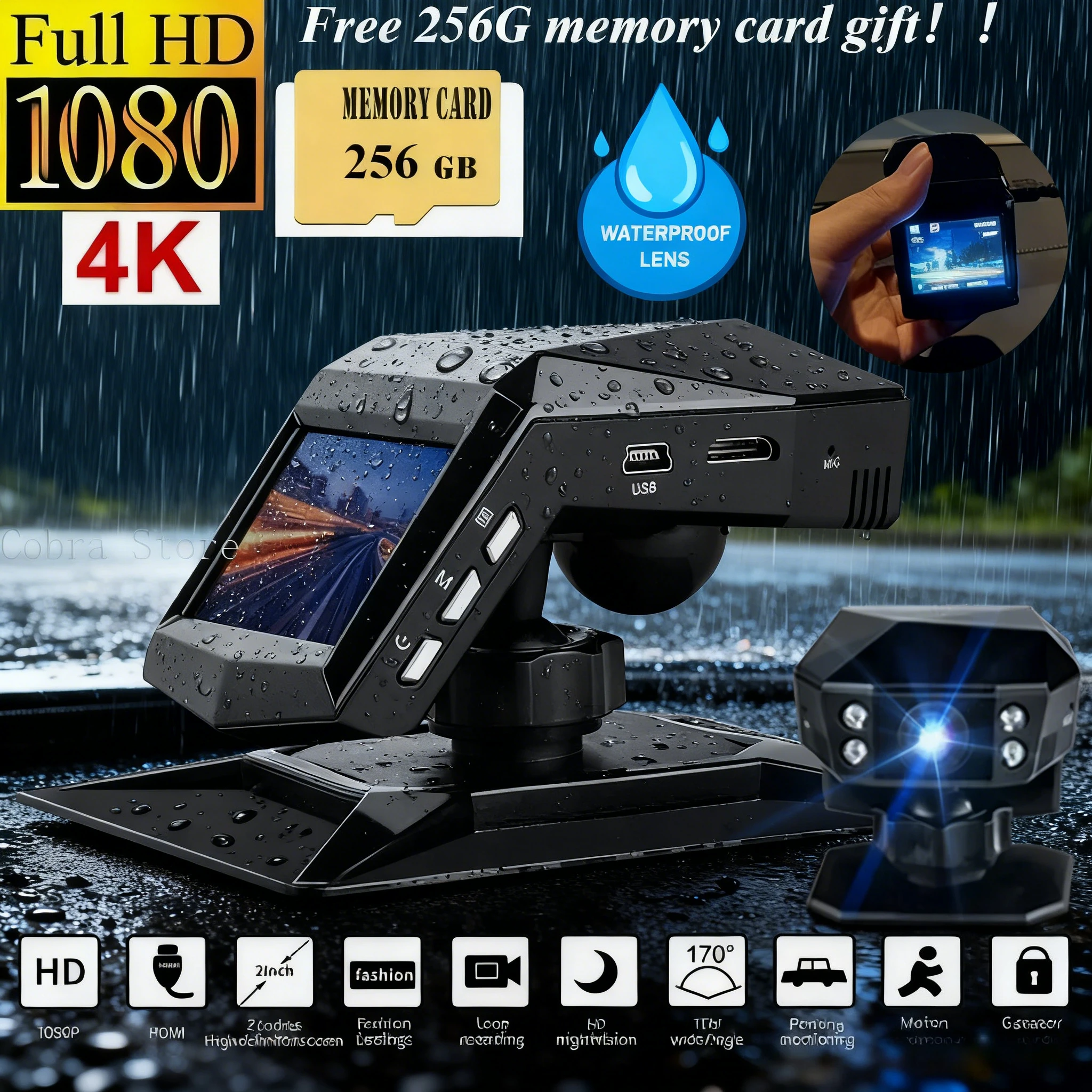 4k HD Car DVR Dash Cam 1080P Videoregistratore gratuito 256G scheda di memoria regalo 170 Angolo di visione notturna Registratori per auto Registrazione del ciclo Dash