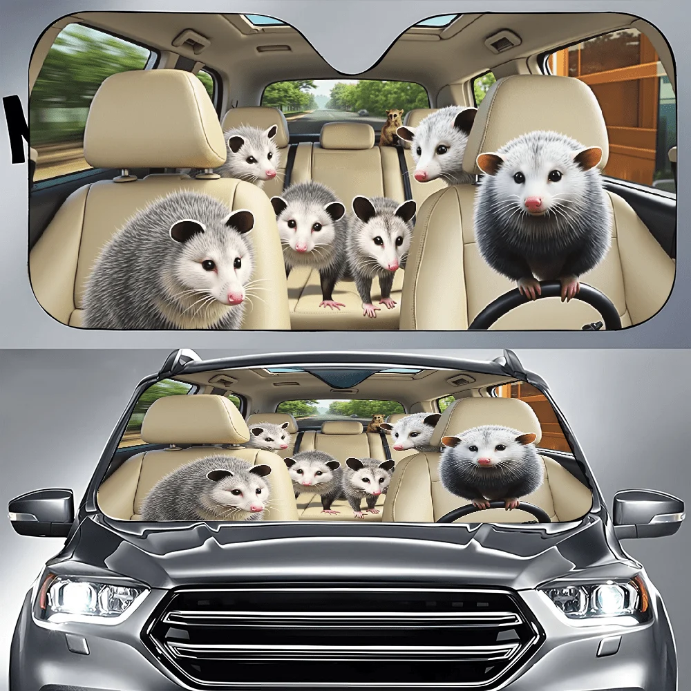 Group Of Opossums In Car | Auto Sunshades, Front Window Sun Cover For Car, Durable Polyamide Visor, Universally Applicable, Car