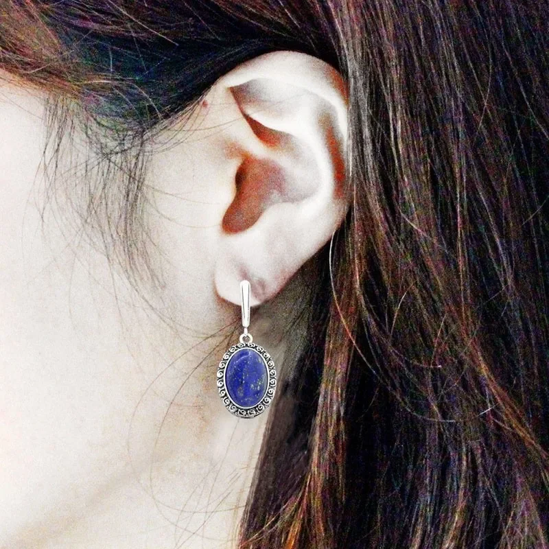 Natural Lapis Lazuli Earrings Snail Flower Pendant For Women Vintage Antique Silver Plated Fashion Jewelry Anniversary Gift