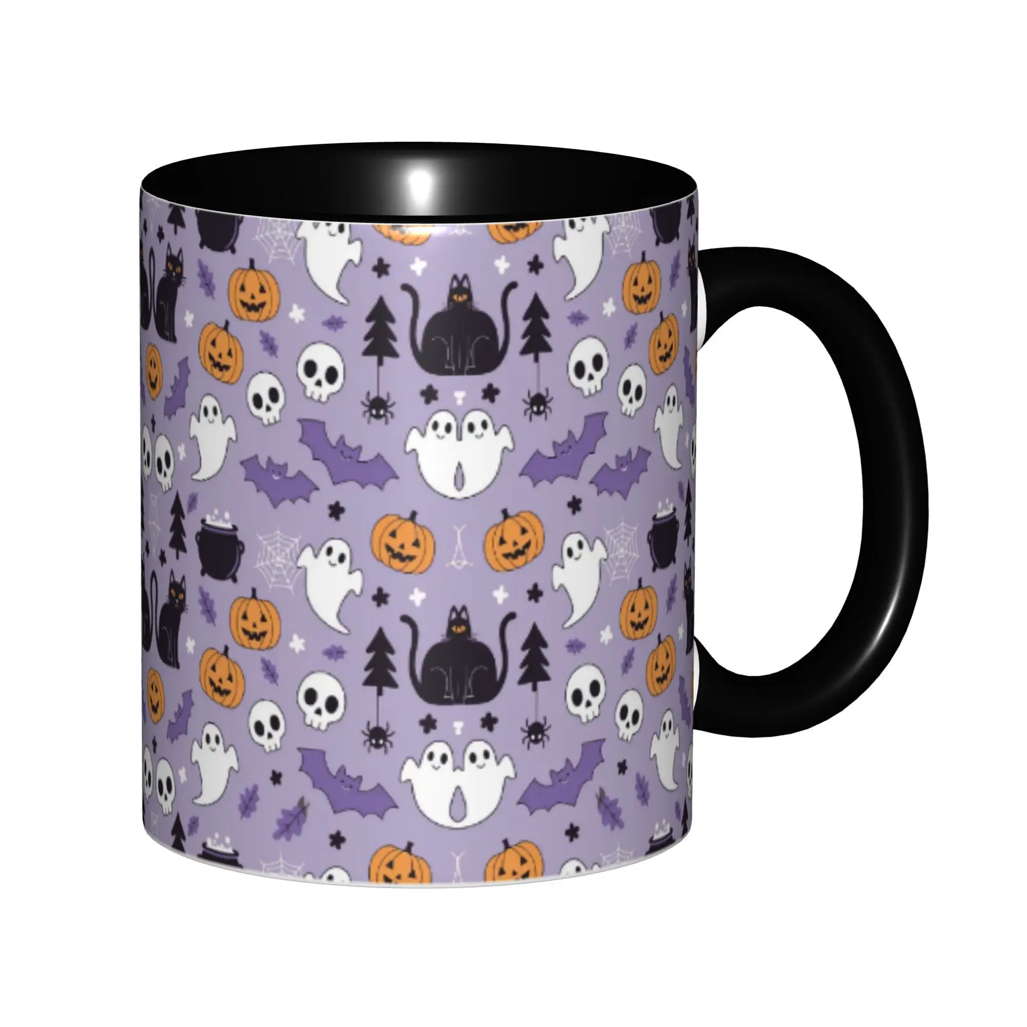 1pc Purple Halloween Black Cat Pumpkin Ceramic Mug Cute Bat Skull Cauldron Spider All Over Print Design Coffee Cup Beverage Cup Drinkware Dishwasher Safe Gift for Friend Cat Lover Halloween Lover Halloween Birthday Fall