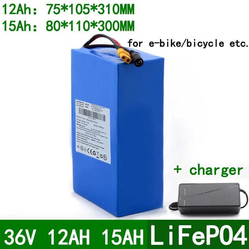 Rechargeable Battery 36V 12Ah 15Ah Lifepo4 Battery Pack with 20A BMS for 300W 500W 600W 700W Two Wheeler Electric Vehicles