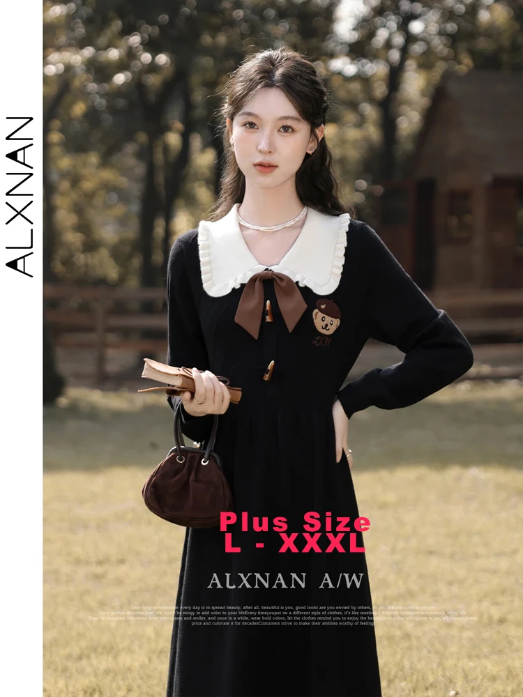 

ALXNAN Plus Size Contrast Lapel Dress Long Black Embroidered Detachable Bow Elegant A-line Dress 2025 Fall Sweet Dresses D01312