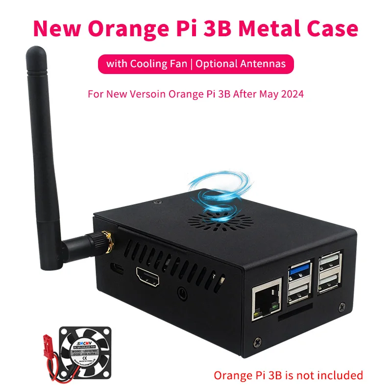 

New Orange Pi 3B Metal Case Black Aluminum Shell with Cooling Fan Optional Antenna for New Versoin Orange Pi 3B After May 2024