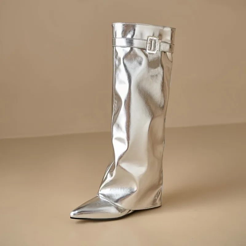 Silver 9cm Wedges Heel Knee High Boots Belt Buckle Decoration Skirt Boots Short Plush Lining Winter Light Show Fashion Boots 45