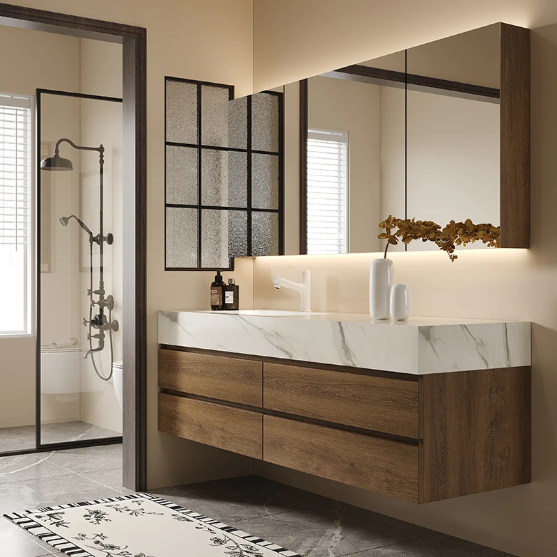 Luxury Wall Mounted Bathroom Vanity Solid Wood Cabinet Smart LED Defog Mirror Rock Slab Sink High End Bathroom Furniture