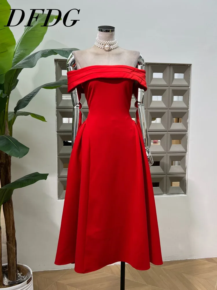 

DFDG Элегантные вечерние платья с открытыми плечами и талией Вечернее платье трапециевидной формы Сплошной цвет шифона 2025 2025 Женское летнее платье