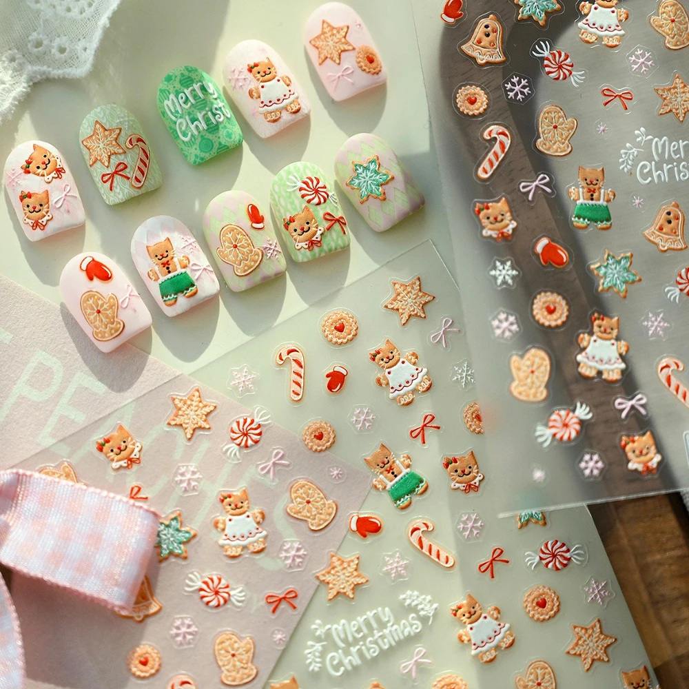 Navidad lindo galletas caramelo copo de nieve campana guantes gato pan de jengibre Bowknot 5D pegatinas de Arte de uñas en relieve calcomanías de manicura de Navidad
