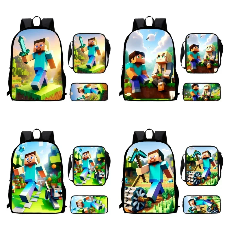 Cartoon Mini-Craft Kind Schulrucksack mit Umhängetaschen Bleistiftbeutel für den Kindergarten, leichte Schultaschen für Jungen und Mädchen