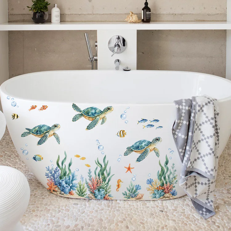 Gemalte Schildkröten-Algen-Wandaufkleber, Badezimmer-Glastür-Dekor, Aufkleber für Zimmertöpfe, Toilettenhintergrund, Heimdekoration, selbstklebende Wandmalerei – Detail 2