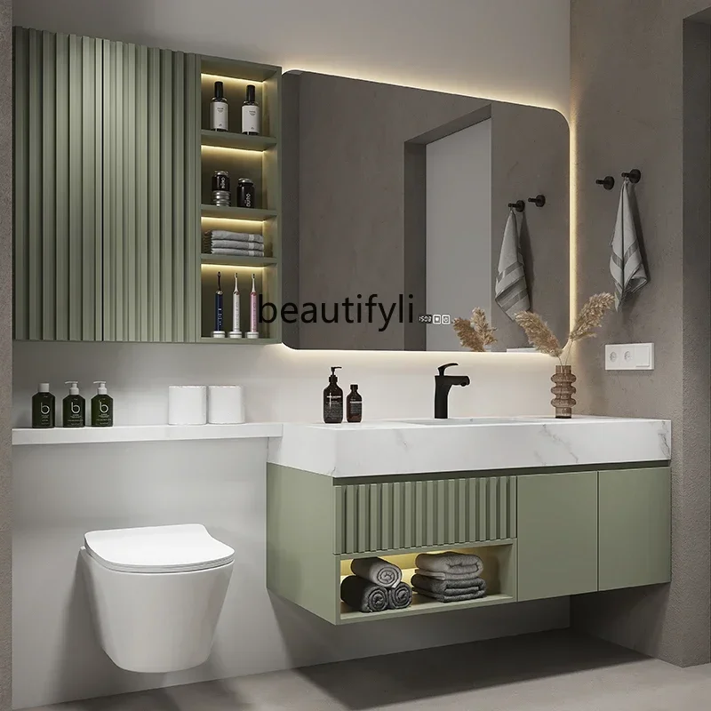 56Light Luxury Bathroom Cabinet Combination Extended Stone Plate Bathroom Cabinet Bathroom Wash Basin Integrated Mirror
