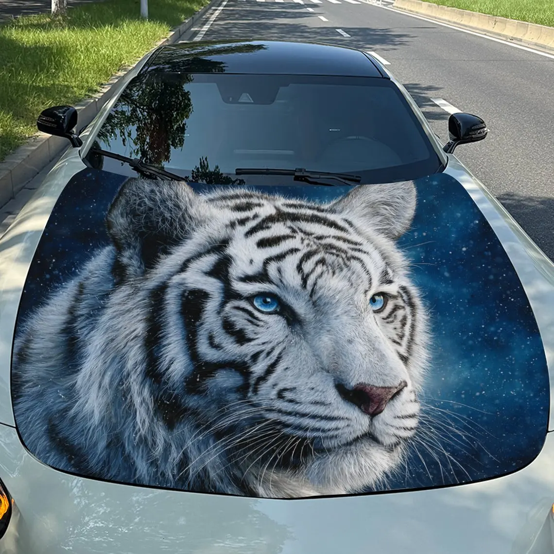

Car Decals White Tiger with Blue Eyes Against Starry Background Car Hood Sticker, Waterproof Self - Adhesive Vinyl Graphics Deca