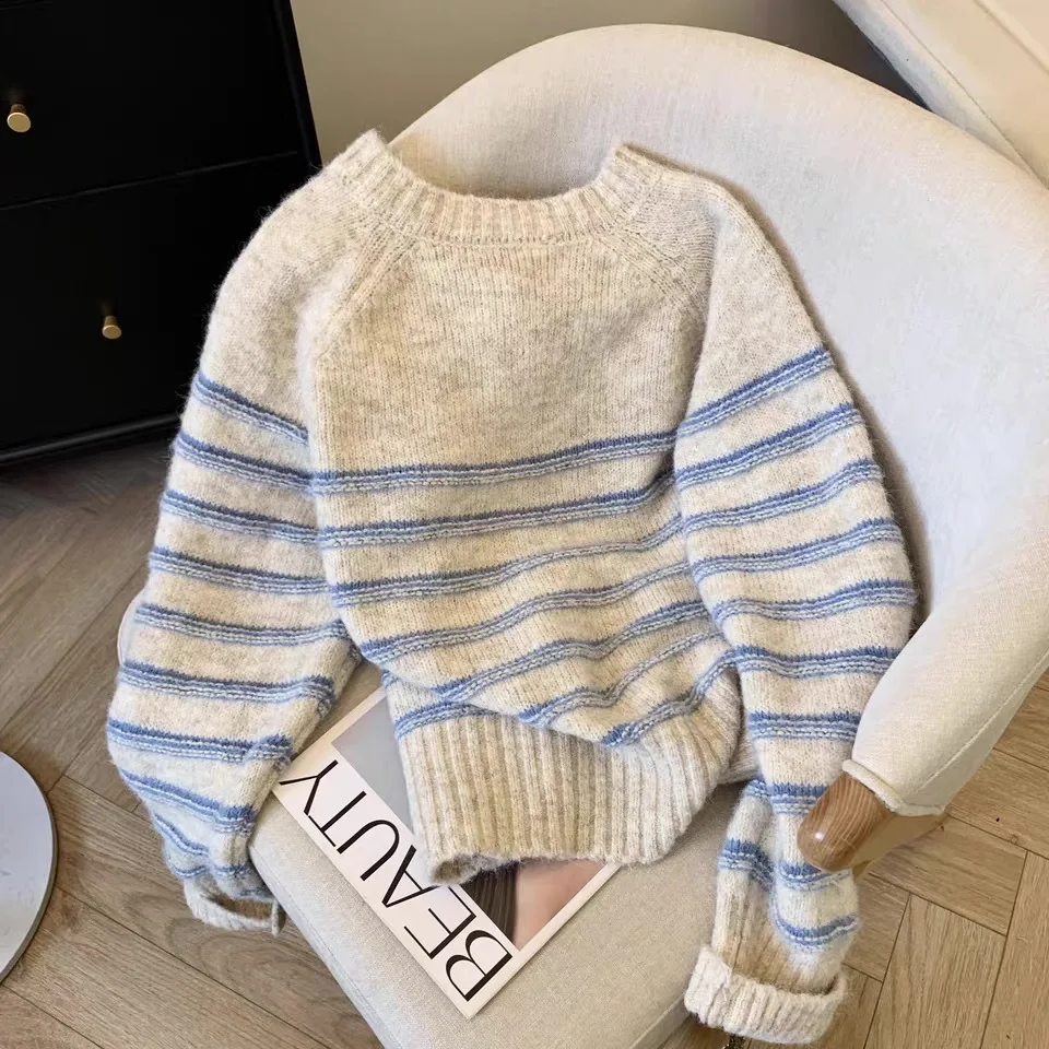 Loose Round Neck Knitted Sweater Women's Autumn Winter Lazy Style Soft Cozy Pullover Coat Knitting Yarn Striped Button Detail