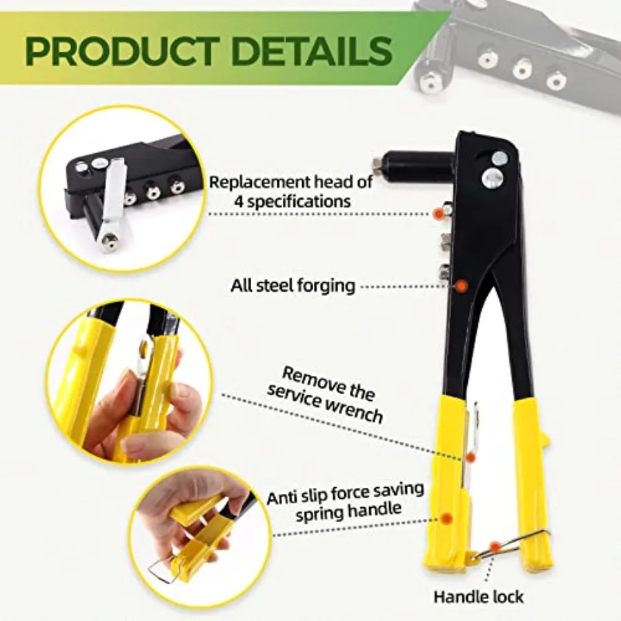 Rivettatrice manuale per carichi pesanti da 226 pezzi con kit di assortimento di rivetti ciechi in alluminio di 6 dimensioni M2.4 M3.2 M4 M4.8 Rivetti pop tono argento e