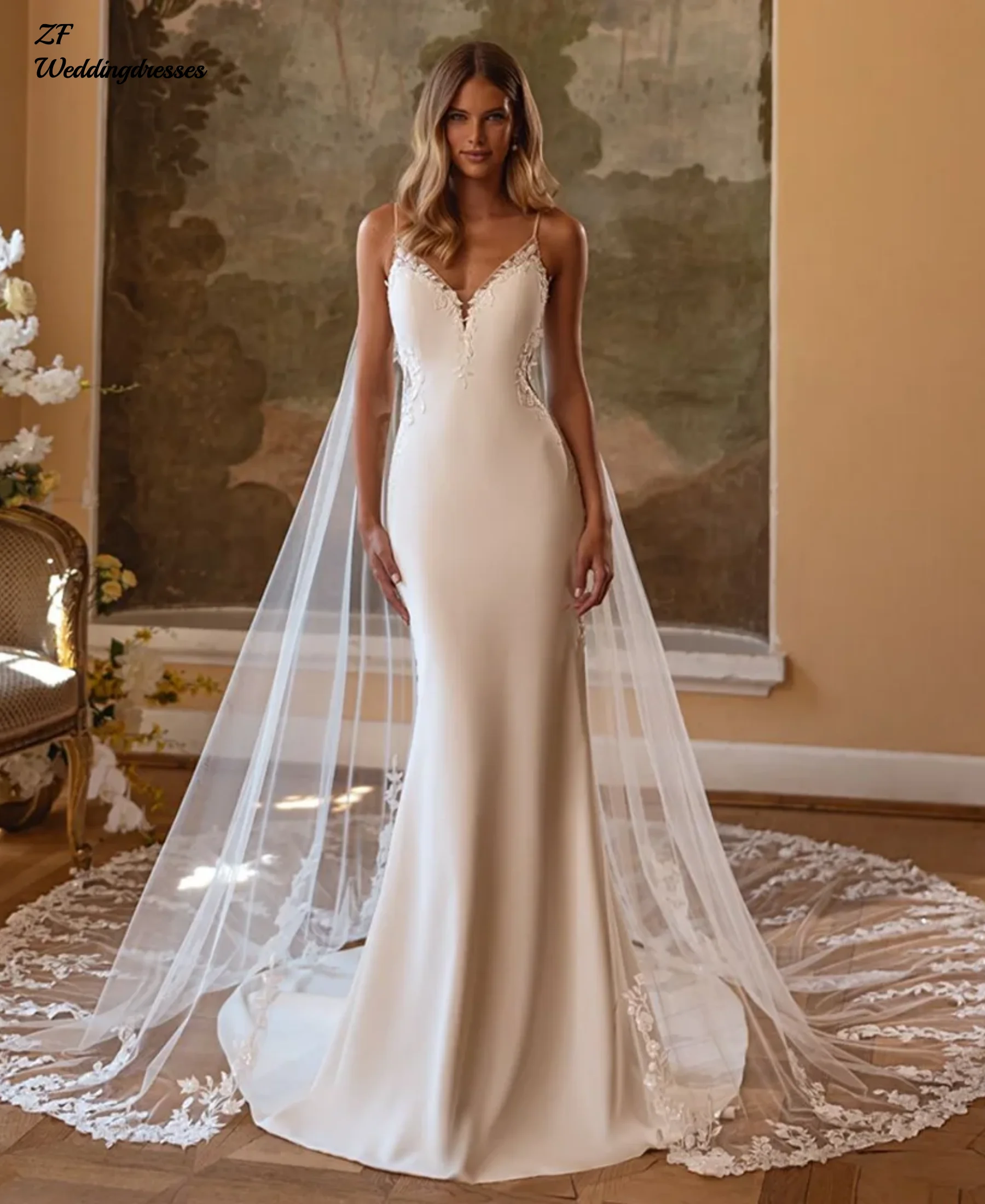 Customzied Sexy Mermaid Wedding Dress with Tull Cape Spaghetti Straps V Neck Sequined Applique Bride Gown vestido de novia