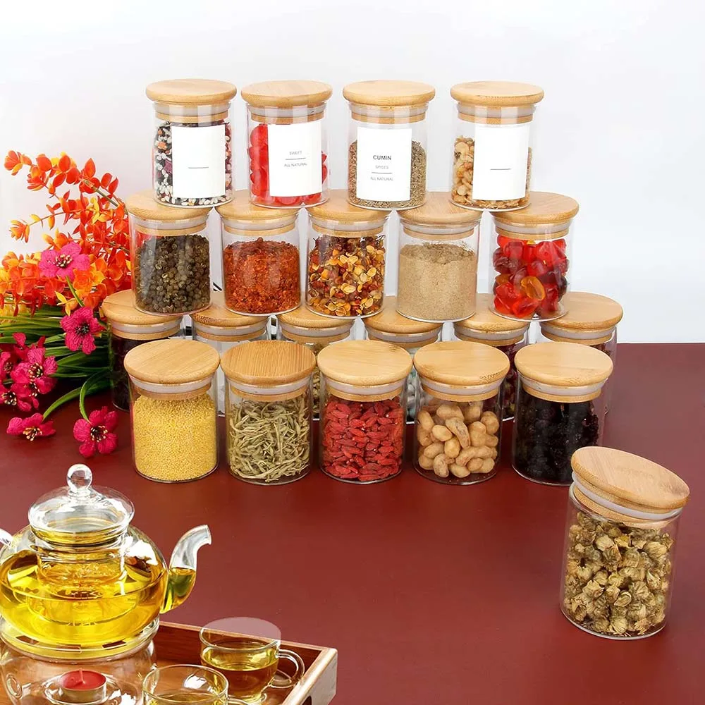 4OZ Glass Spice Jars Set with Bamboo Lids and Labels,Clear Food Storage Containers for Pantry Kitchen Sugar Salt Coffee