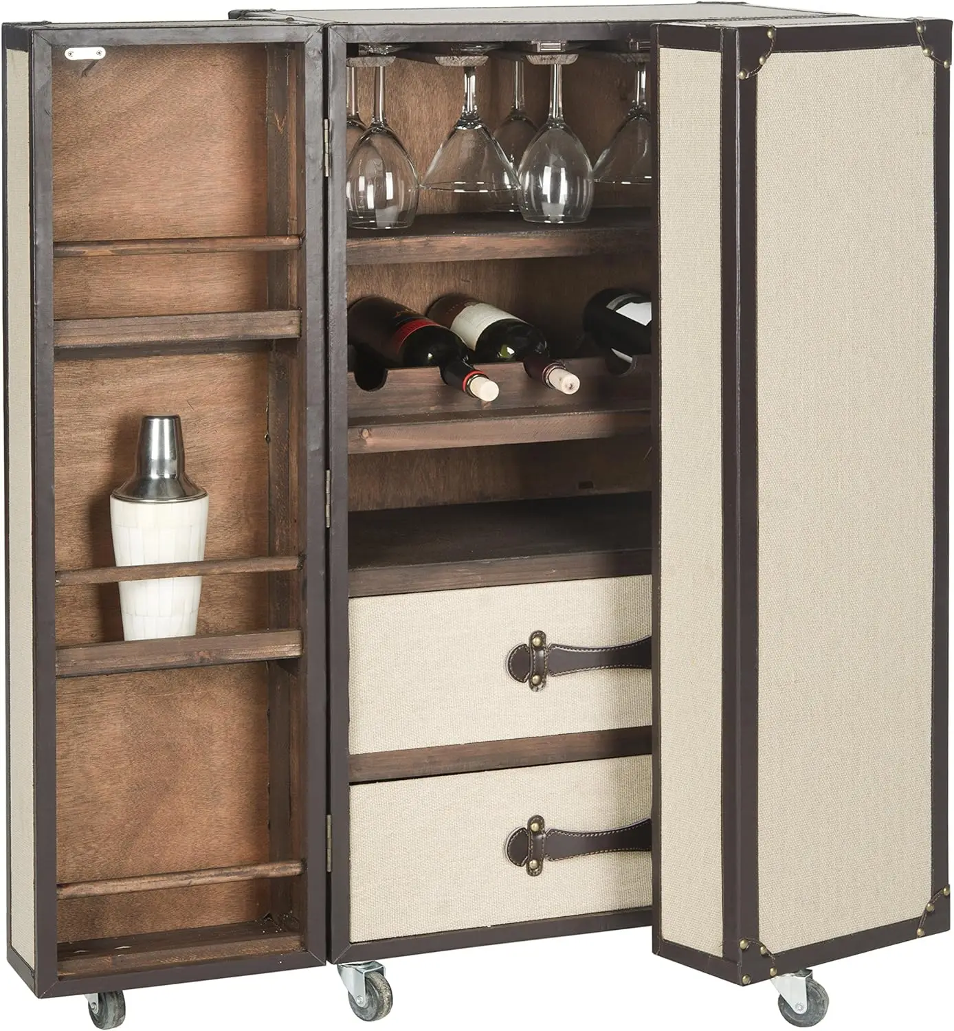 Beige Bar Cabinet for Liquor and Glasses, Dining Room Kitchen Cabinet with Wine Rack, Open Storage Shelves, Rustic Grey Wash