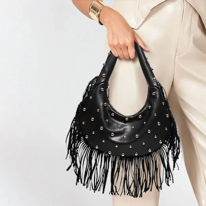 

Fashion Personality Women's Underarm Bag Retro Leather Texture Tassel Rivet Bag Versatile Simple Trend Shoulder Messenger Bag