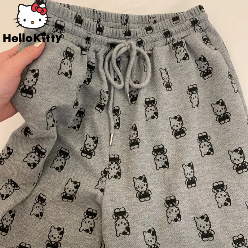 

Sanrio Hello Kitty Cartoon Cat Printed Clothes Women's Summer High Waisted Loose Shorts Casual Sports Fashion Five Quarter Pants