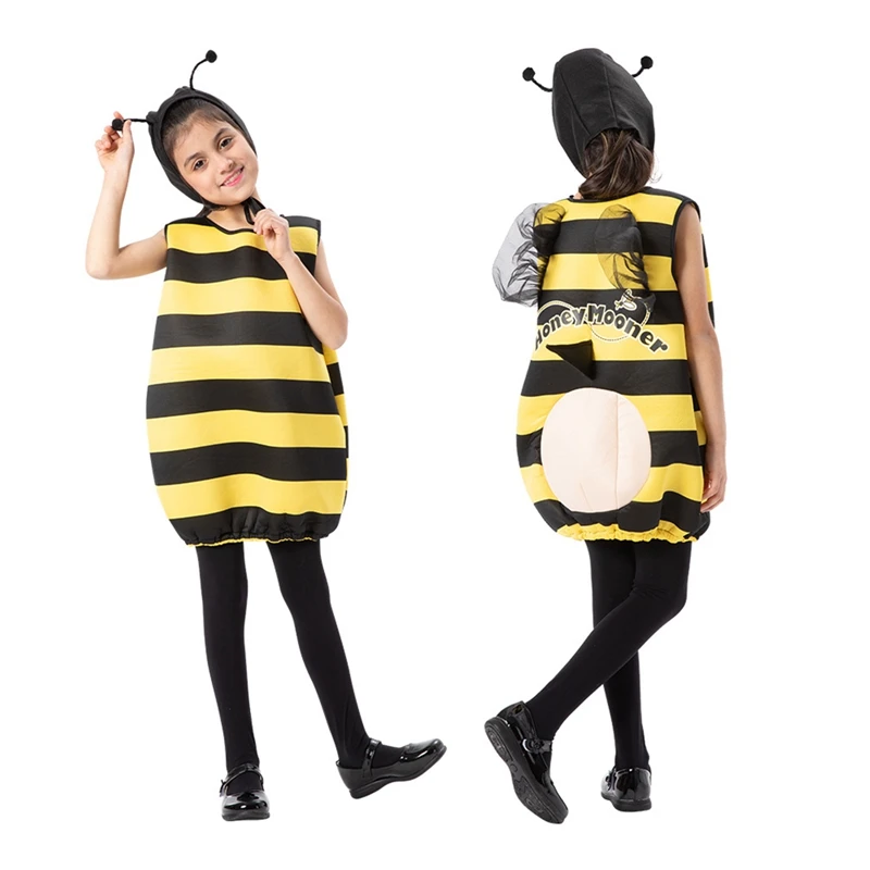 Girls Boys Bee Cosplay Costume Sleeveless Striped Tulle Patchwork Letters Print Dress Hat