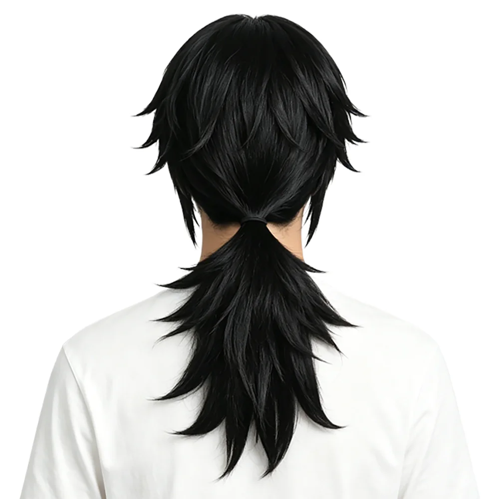 Unisex Tomioka Giyuu Cosplay Wig 65cm Black Spiky Layered Ponytail Heat Resistant Soft Synthetic Hair For Anime Halloween Party
