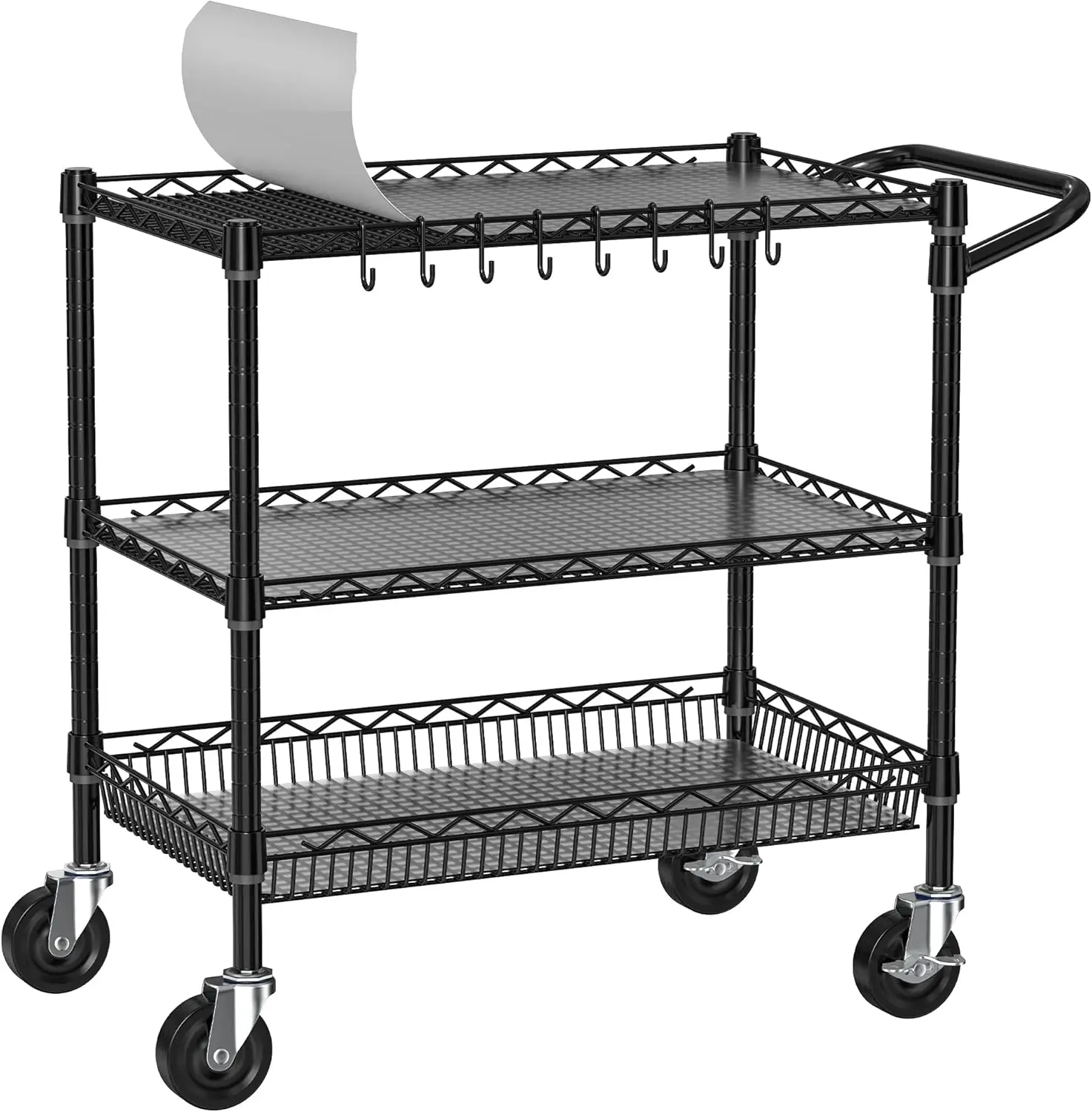 

Heavy Duty 3-Tier Rolling Cart with Wheels, Metal Utility Trolley for Kitchen Storage, Black