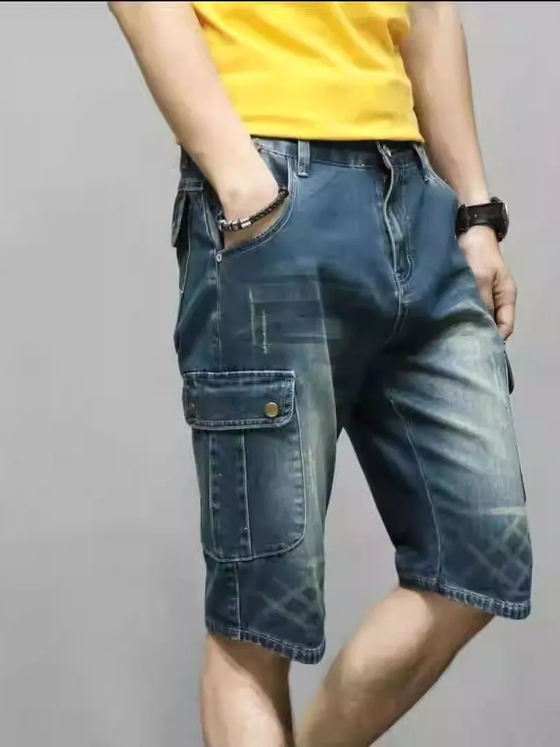 

Летние тонкие повседневные мужские джинсовые брюки с пятью четвертью, прямые брюки с несколькими карманами для спецодежды для сварки и других работ