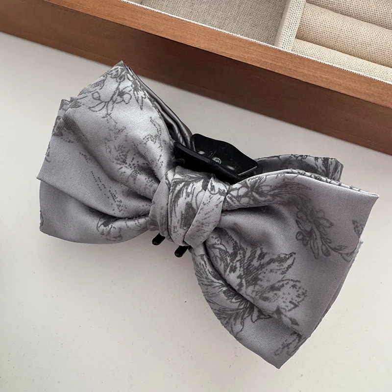 French Retro Fabric Satin Velvet Print Bow Ribbon Ponytail Grip Elegant Hair Clip Hair Accessories New Hair Claws Headwear