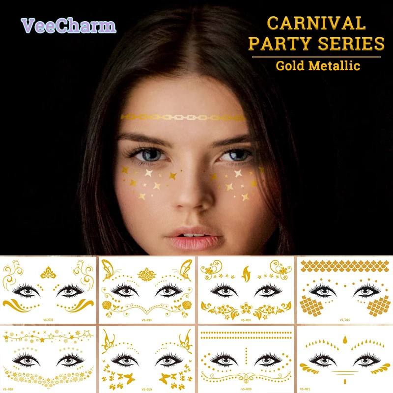 

VeeCharm 1/23 Sheet Face Temp Tattoo Gold Metallic Freckle Sticker for Women Halloween Cosplay Makeup Dancer Costume Parties