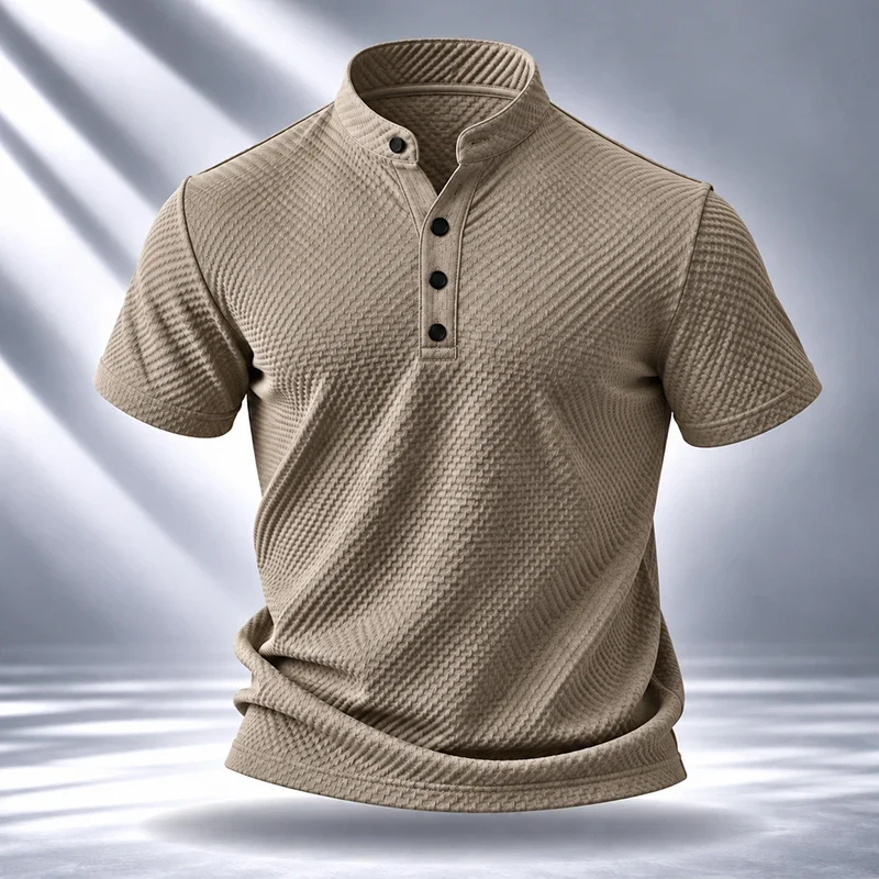 Stand Collar Mens Short Sleeve Tee Fine Workmanship Durable Stitching Premium Waffle Fabric For Travel Leisure Activities