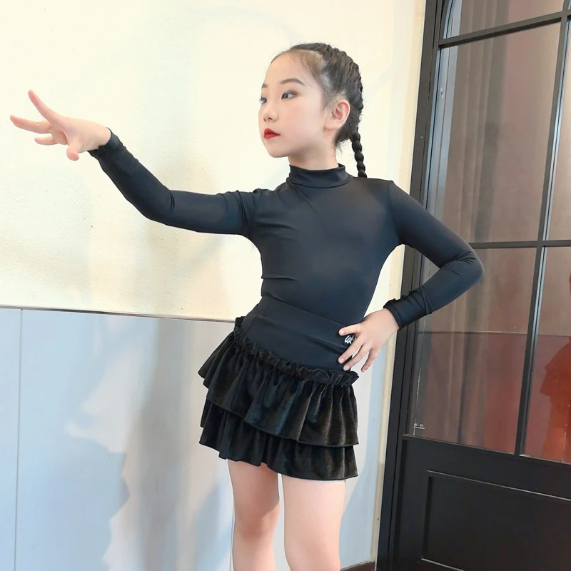 Winter Latin Dance Clothes For Kids Girls Long Sleeves Split Suit Black Ruffles Dress Chacha Dance Performance Costume DNV27890