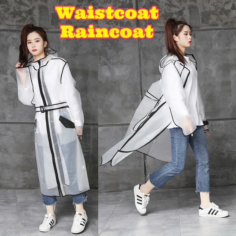 Transparent EVA Belted Long Raincoat Double Zipper Hooded Unisex Waterproof Fashion Rainwear Cycling Hiking Travel Commute New