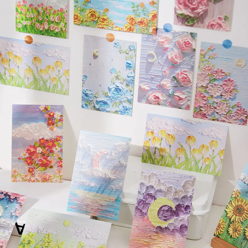 Oil Painting Picture Postcard Ins Healing Birthday Greeting Card Message Postcard Letter Envelope DIY Decoration Cards 30pcs/set