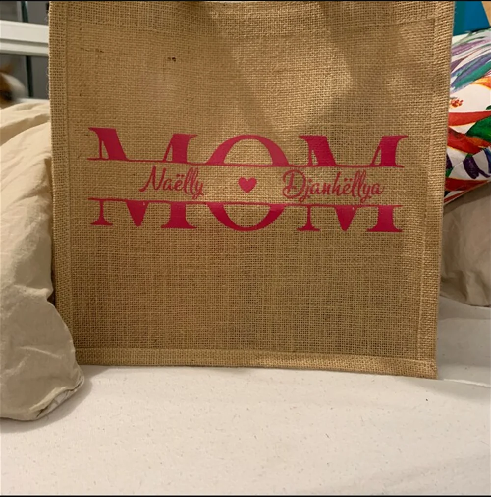 Personalized Name Beach Jute Bag Mother's Day Gift Jute Bags Beach Party Handbag Unique Custom Name Gift Shopping Bag for Mom