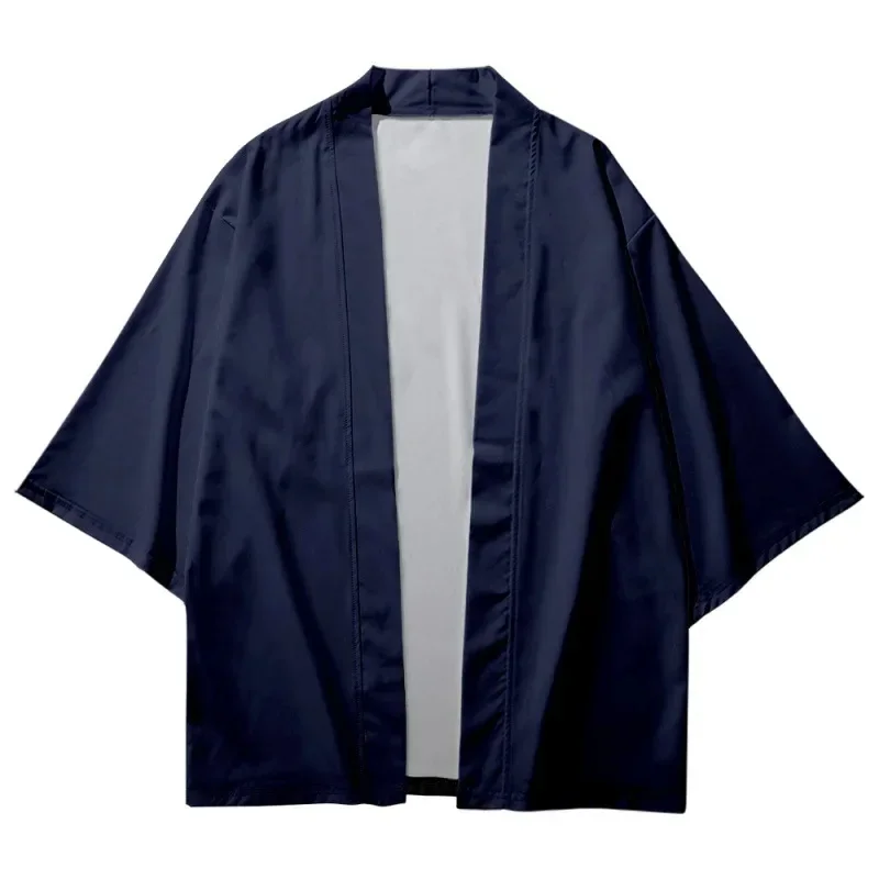 Unisex Solid Navy Blue Kimono Cardigan Open Front Haori 3/4 Sleeve Loose Japanese Style Casual Outerwear Tops