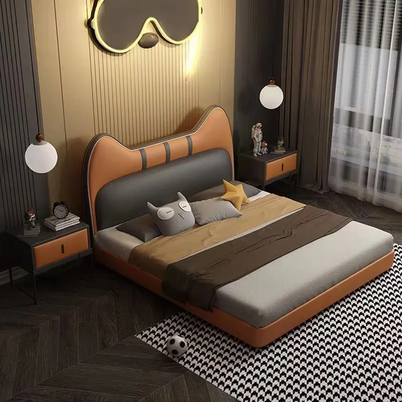 Cartoon Cat‑Ear Kids Leather Bed, Soft Upholstered Headboard Solid Wood Frame Children Bed for Boys Girls Bedroom Home Furniture